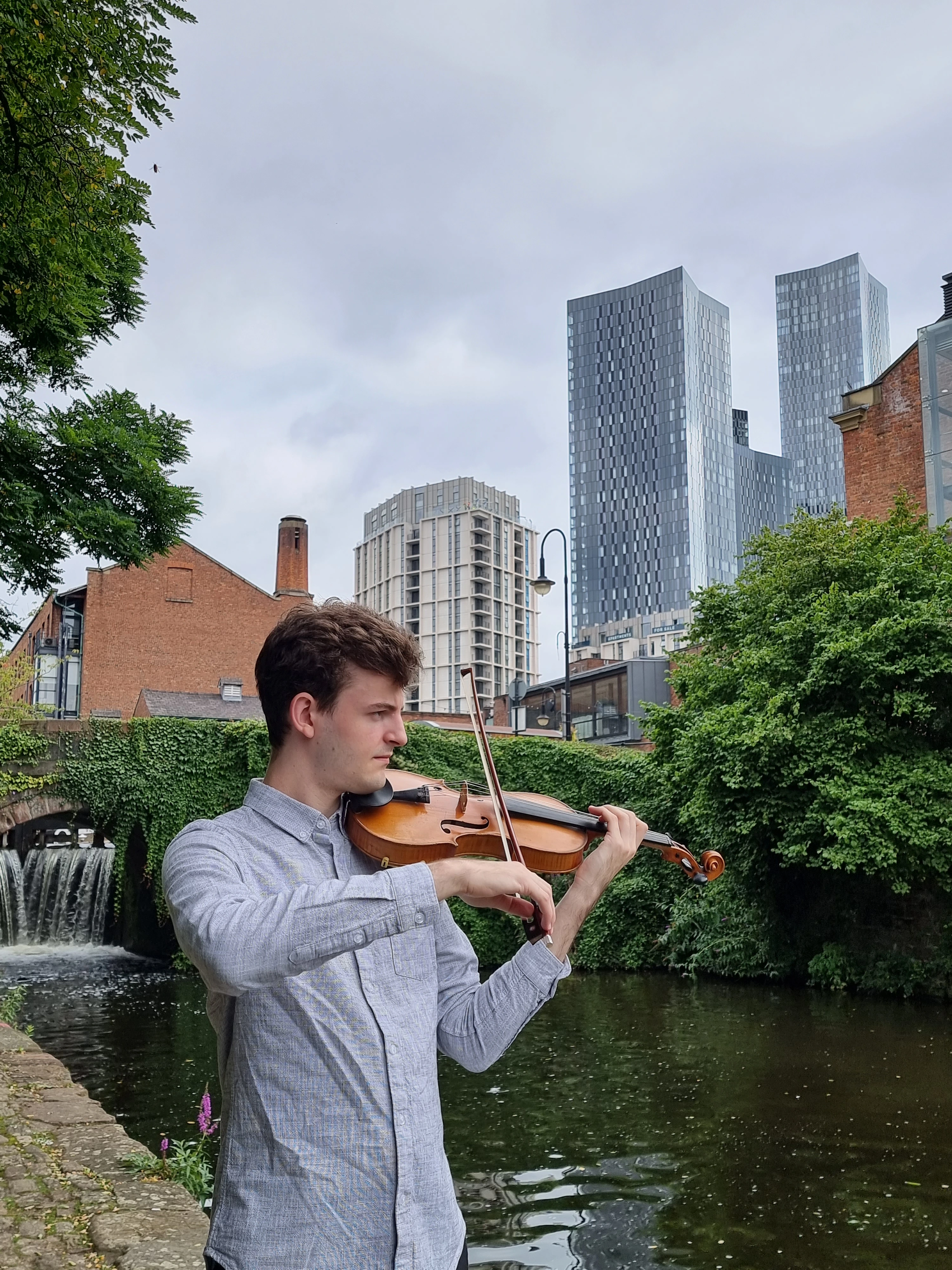 James playing near a canal